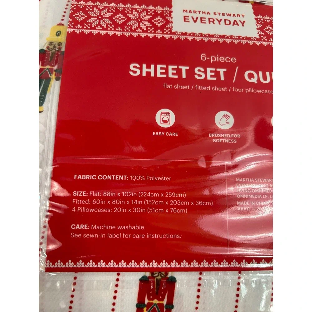 Martha Stewart Sheet Set Queen White Nutcracker Holiday 6pc Bedding Set